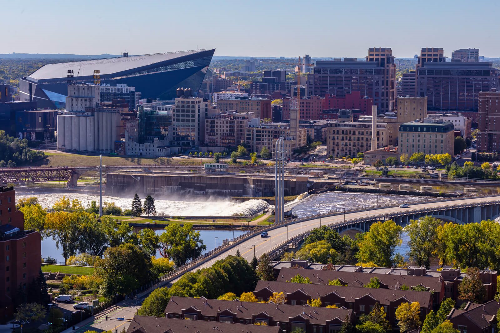 View of St. Anthony falls, mill district, and US Bank stadium